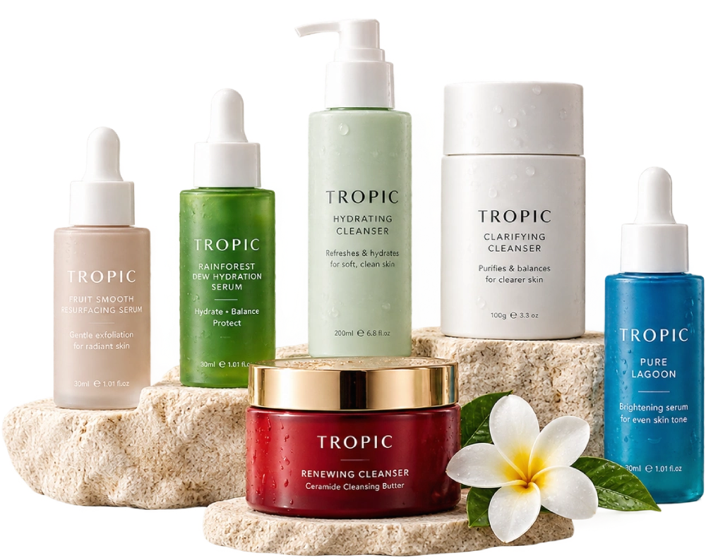 A selection of Tropic Skincare cleansers and serums